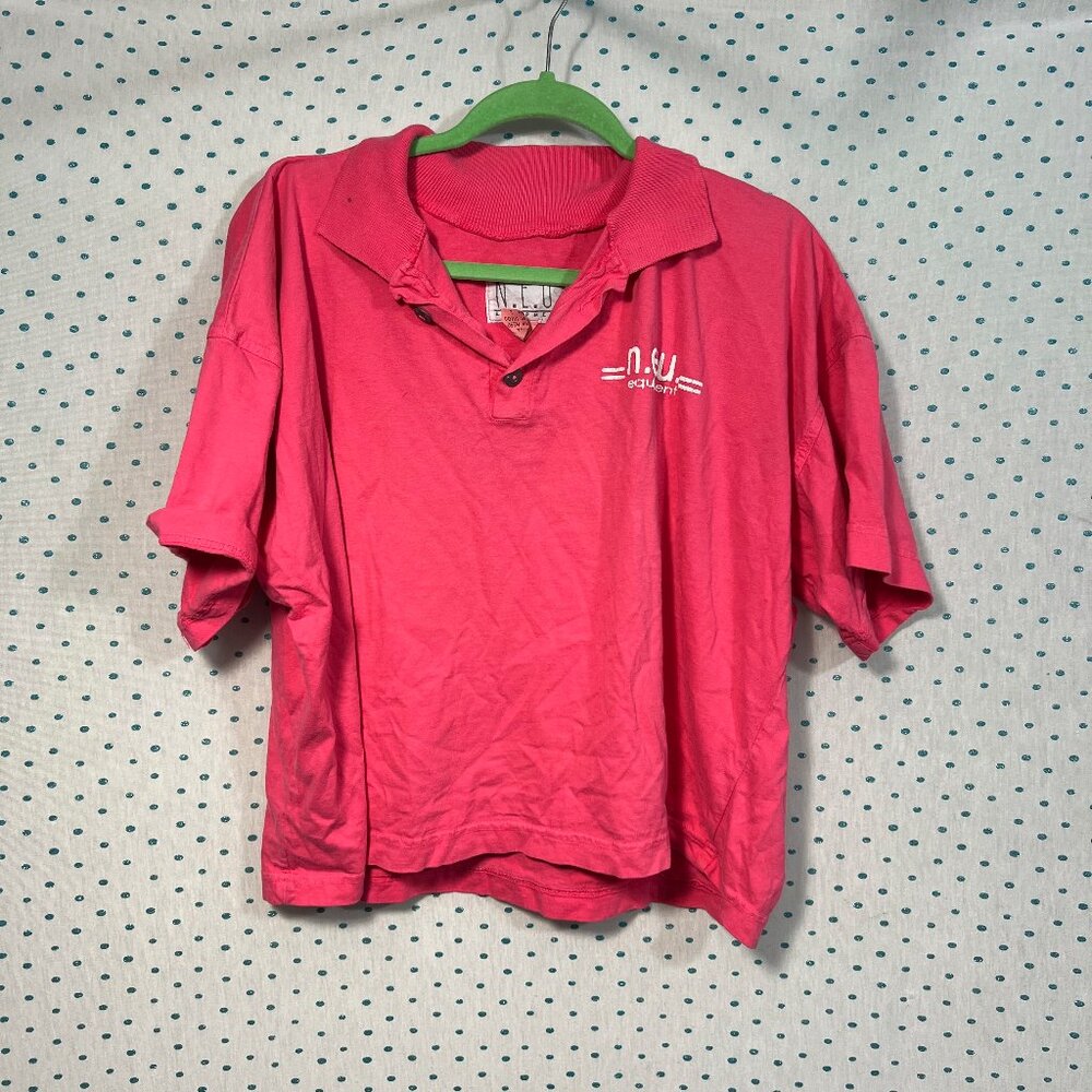 Vintage 90's N.E.U. Equipment Hot Pink Collared Crop Top T-Shirt